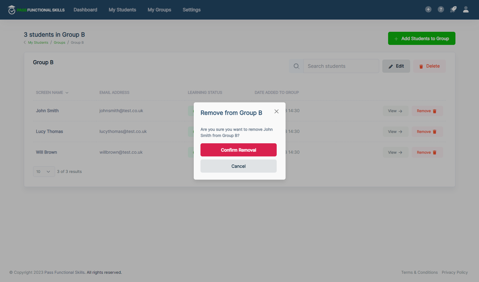 Click on Confirm Removal and the student will no longer be in the group