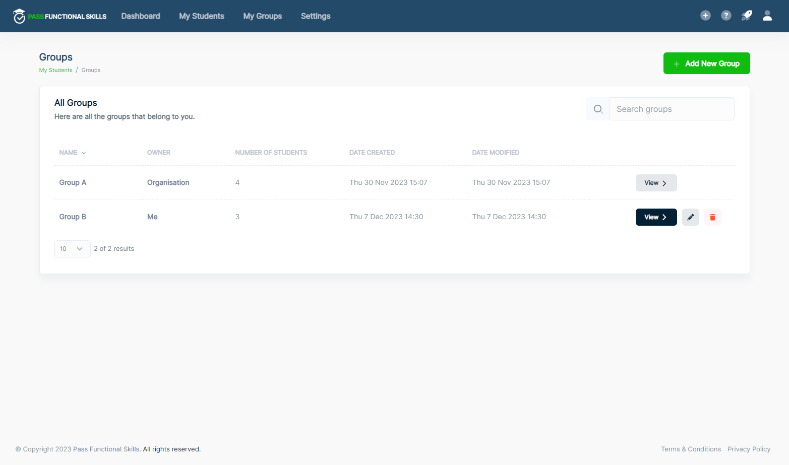 Click on View for the group you would like to remove a student from