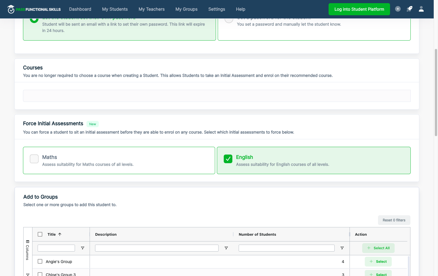 You can allow learners to first take the initial assessment before enrolling them on a course, this allows you to see the level they are working at. Forcing the initial assessment means that the learner can't complete any of the course until all the forced initial assessments hav