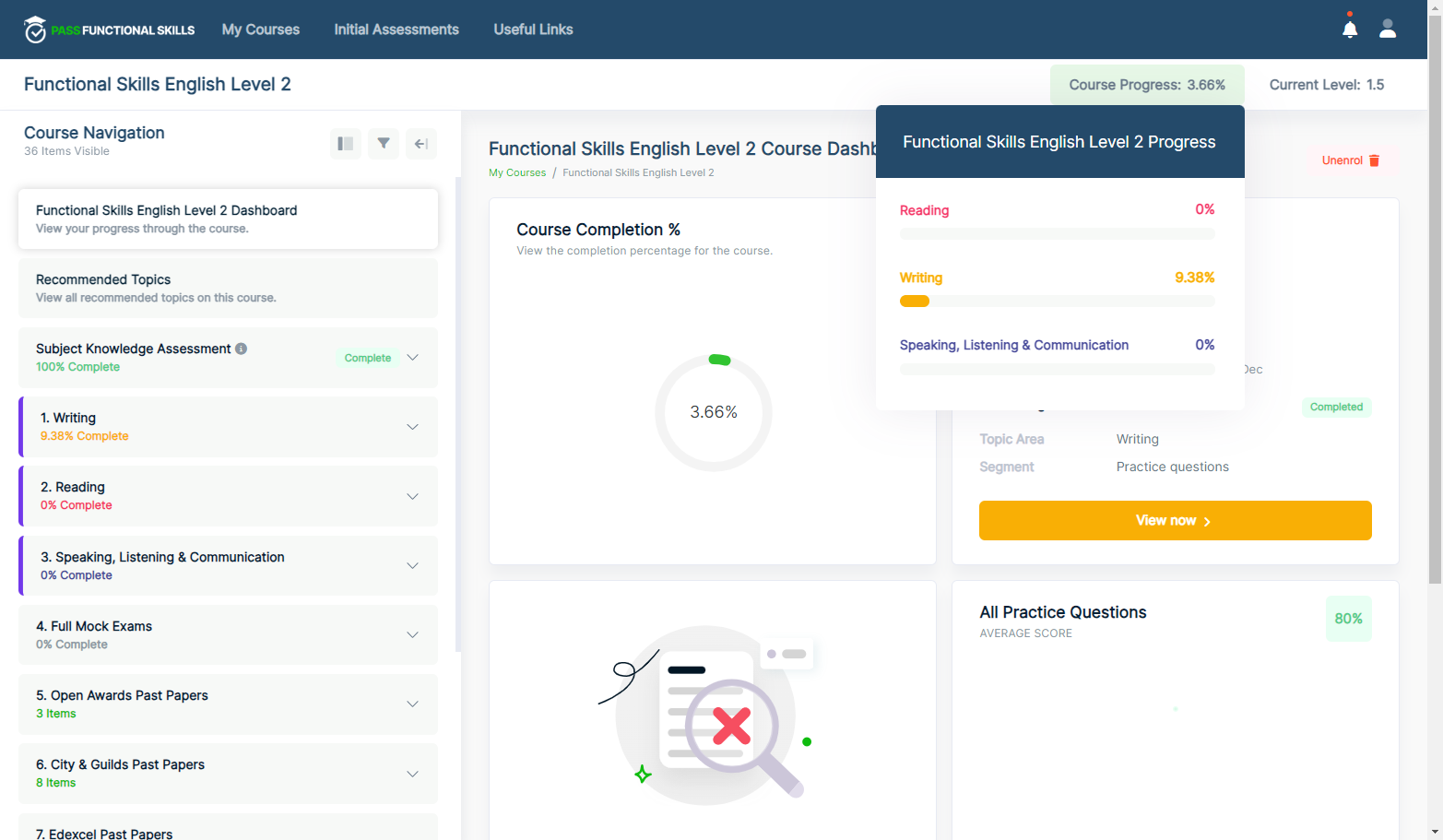 If you click on course progress, you can see a topic breakdown of your progress.