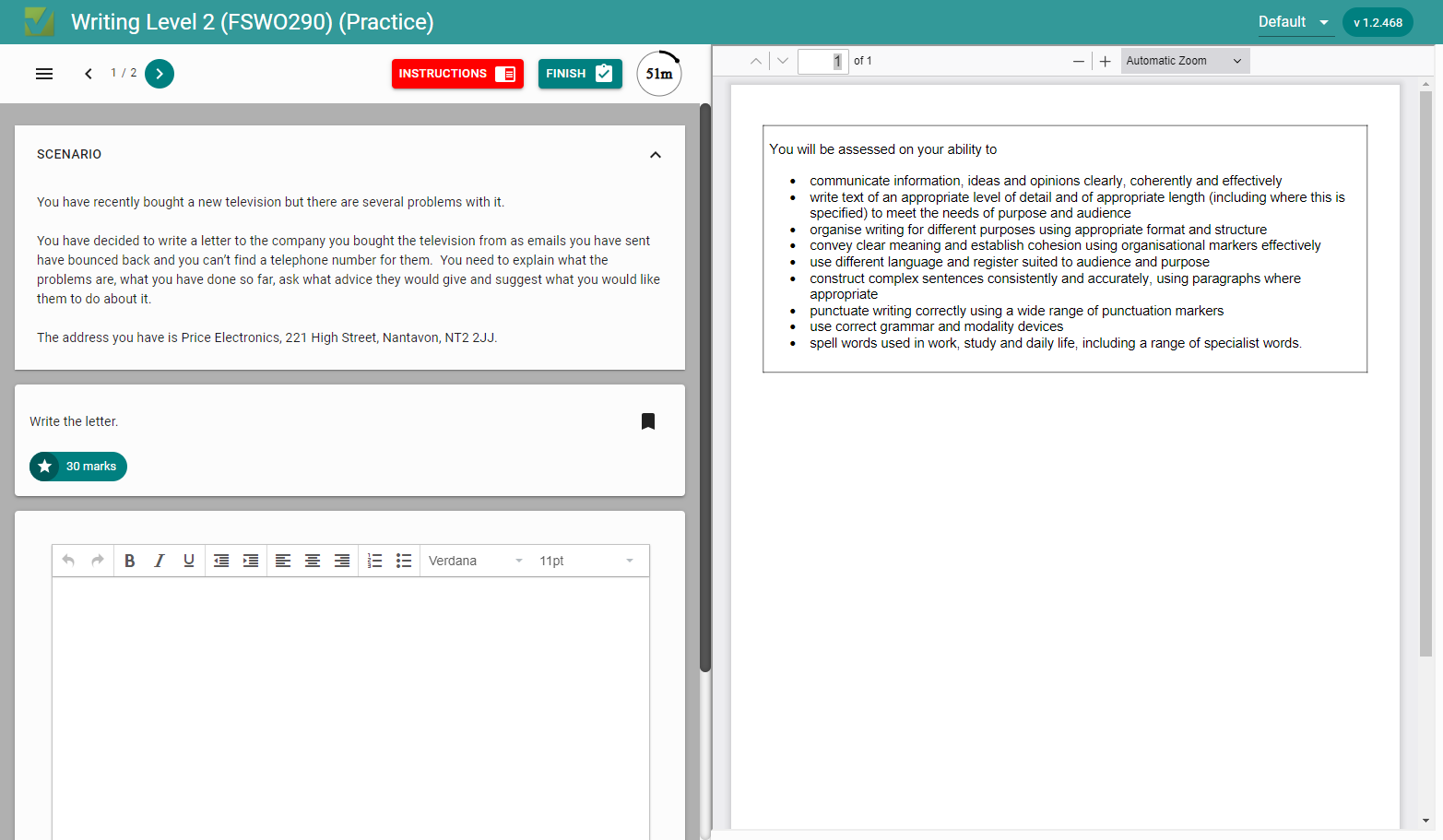 This is the layout out of the exam, you have the scenario and answer box on the left hand side, and the marking criteria on the right hand side. You can see how much time you have left at the top.
