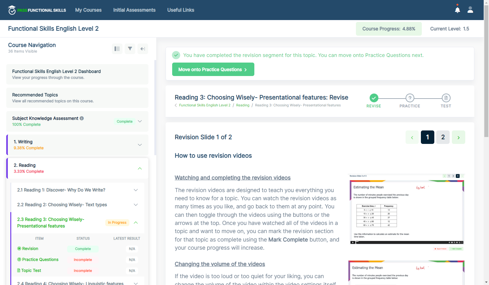 Once the revision is complete, the course progress has increased to 4.88%.