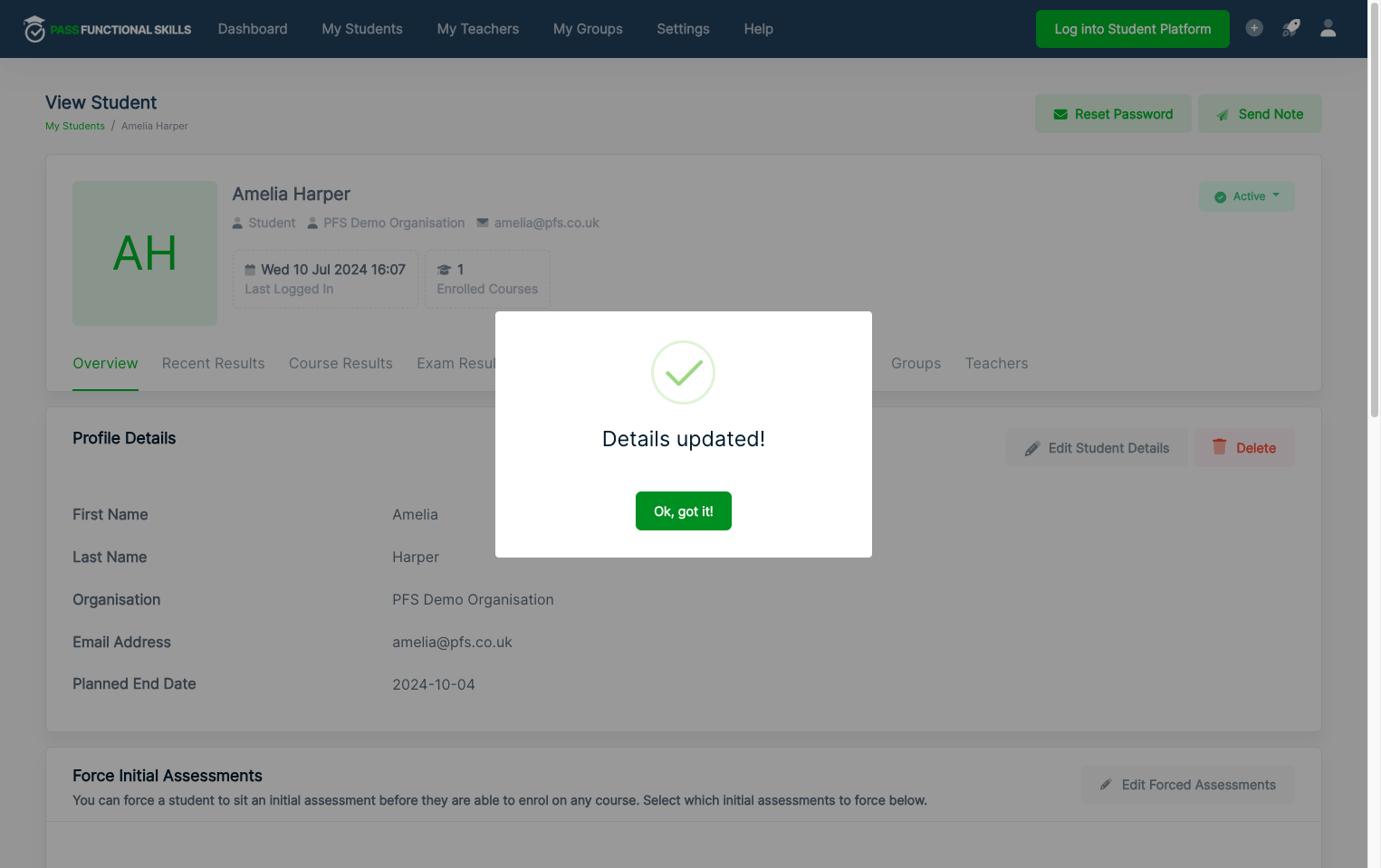 Click on 'Ok, got it!', the learners details have now been updated.