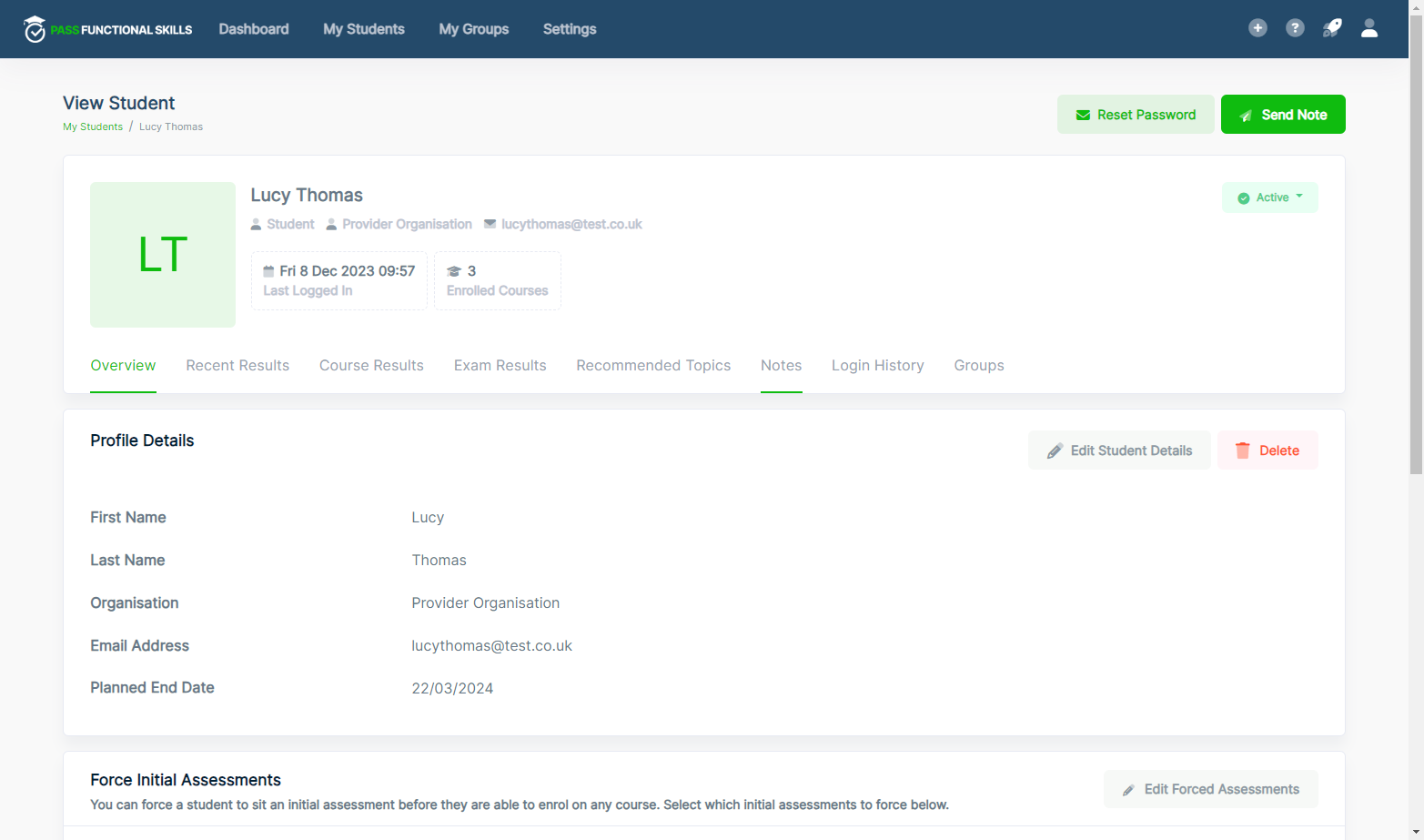 You can view the notes you have sent to a student by clicking the Notes tab