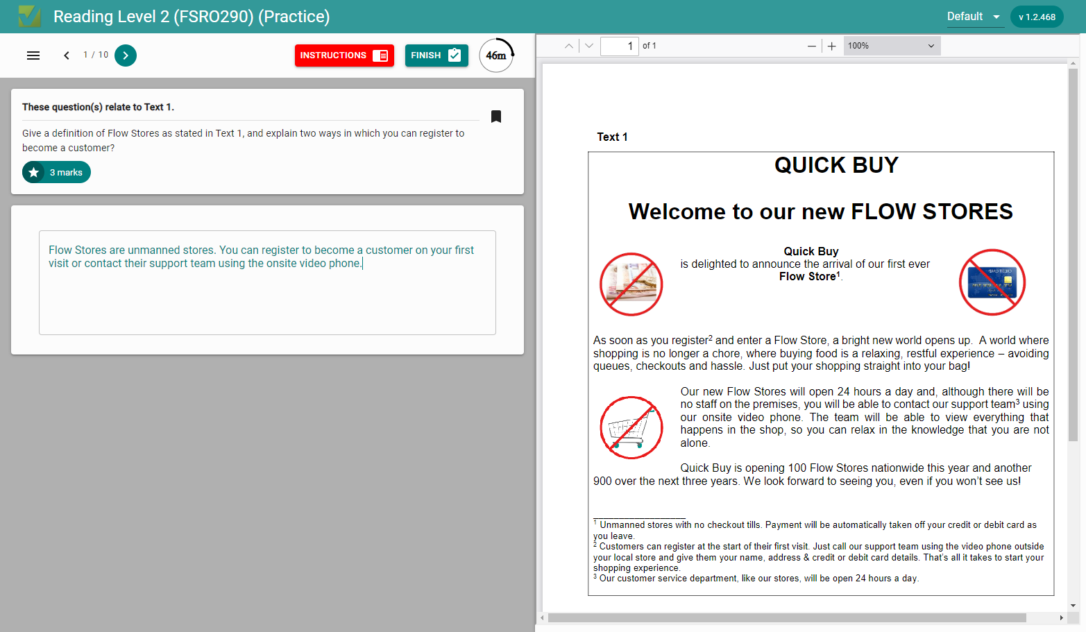 Using the text on the right, answer question and type your answer in the box. You can move onto the next question by clicking the arrow.