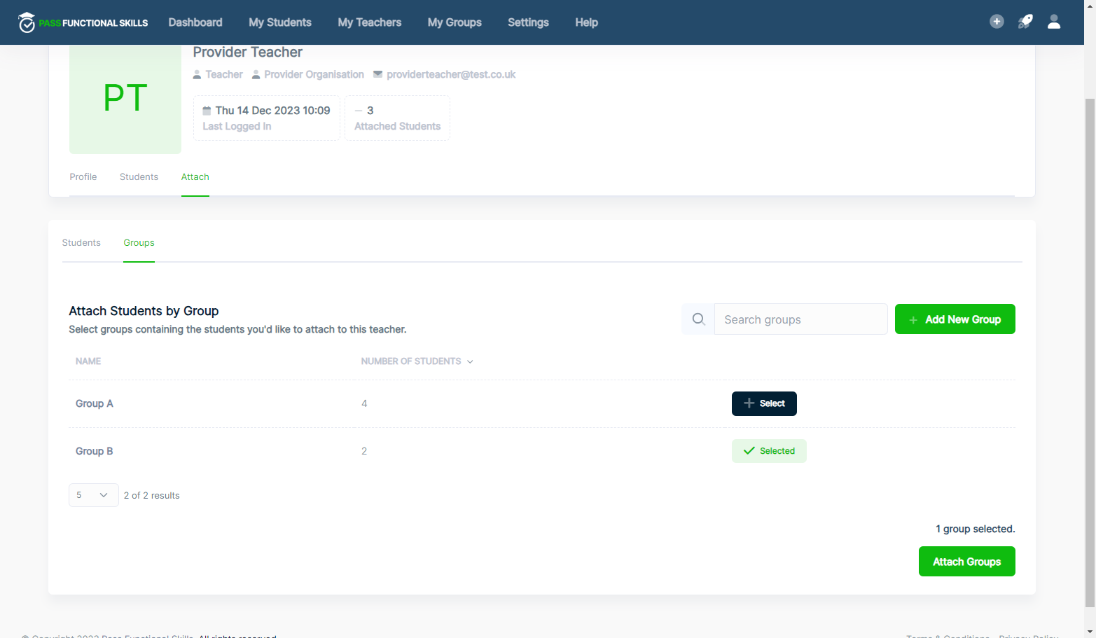 Click on Attach Groups, this will attach all the students in that group to the teacher.