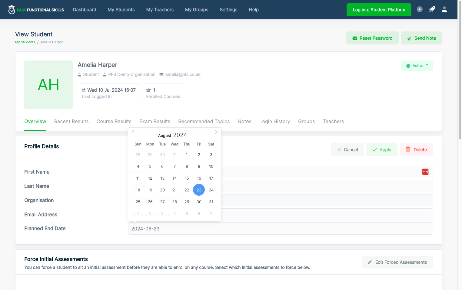 Here you can change the learners name, email and planned end date.