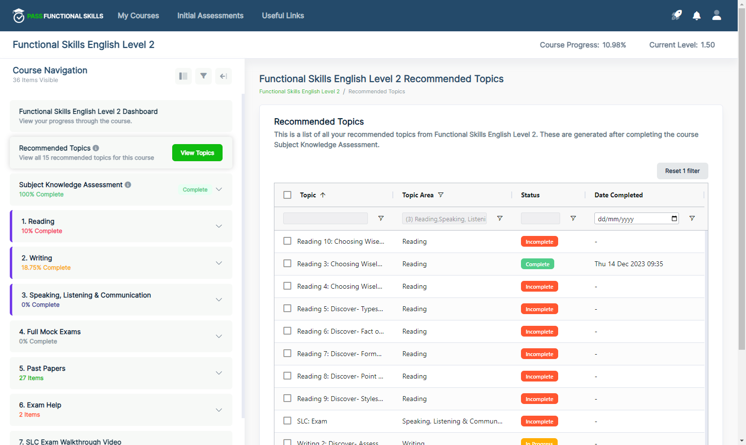 This will take you to a list of your recommended topics, showing whether they are incomplete, in progress or complete.