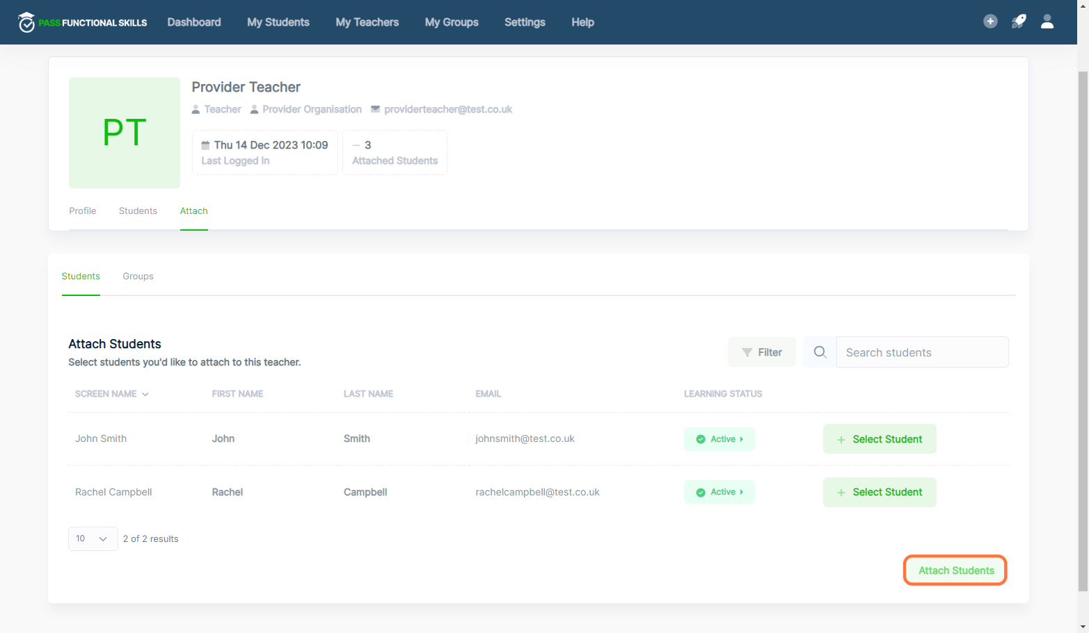 To attach a student to this teacher, click select student and then attach student.