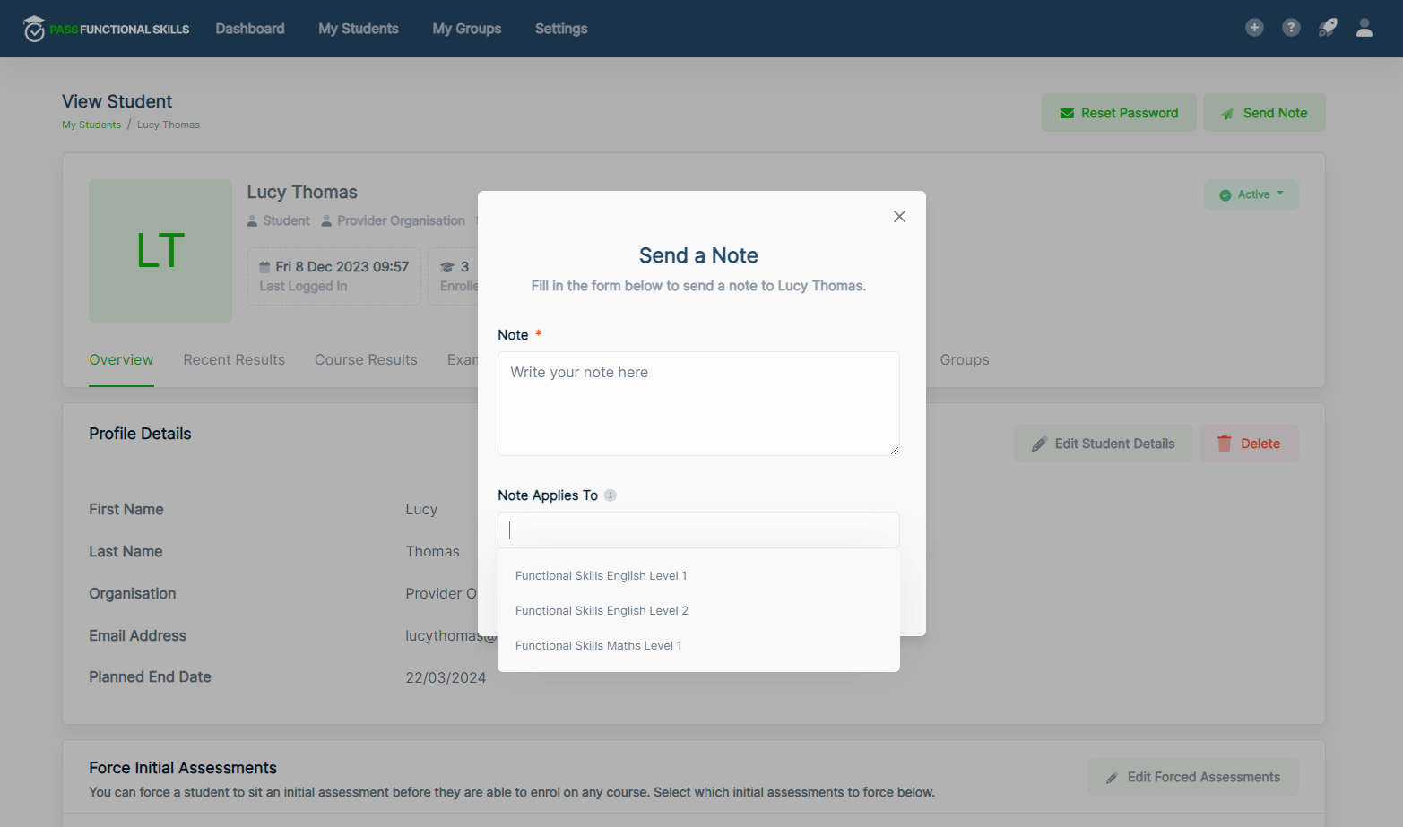 You can attach a note to a course so the student knows which course your note is referring to