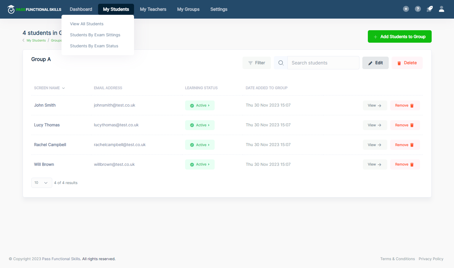 To see what groups a student is in, click on 'My Students'