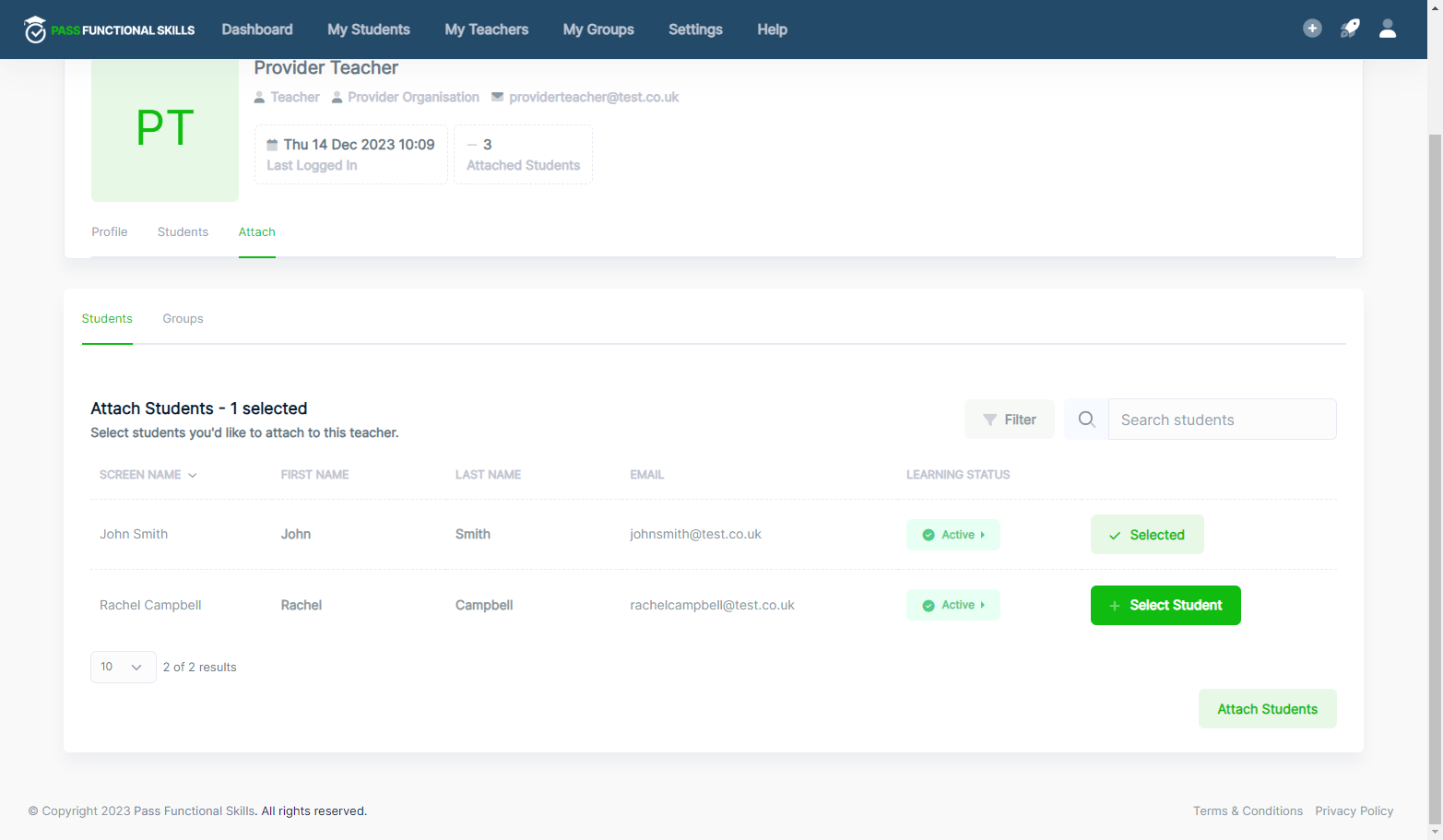 Click on Select Student next to all the students you wish to attach to the teacher.