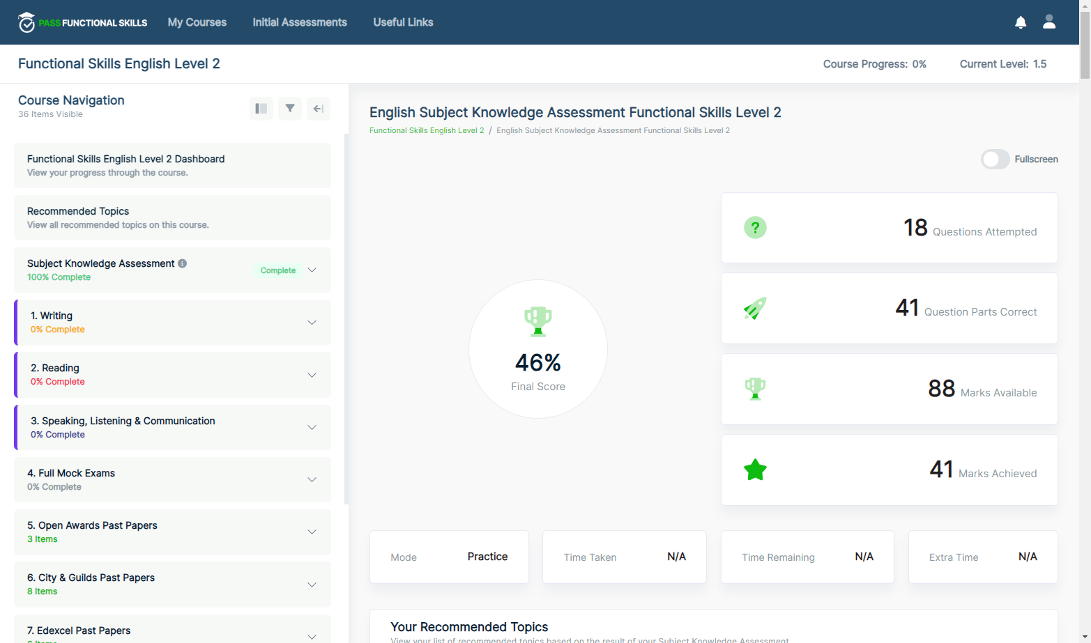 Once you have finished the assessment you will come to this page which shows a breakdown of your results.